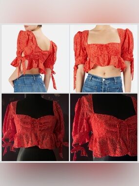 For Love And Lemons Red Coral Puff-Sleeve PolkaDot Crop Top